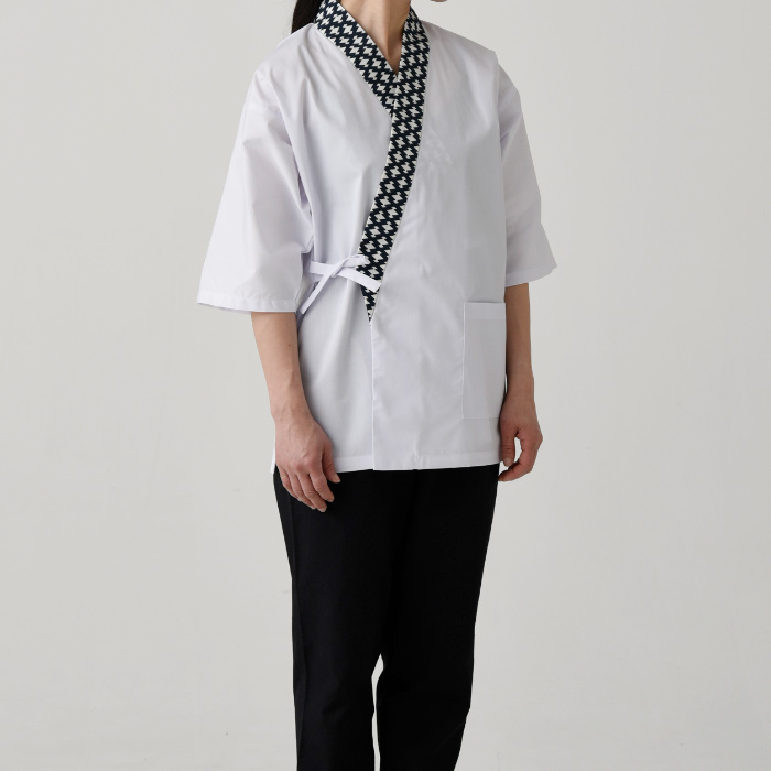 【飲食店販売店制服】松皮菱柄ハッピコート白【女性用】抗菌防臭　スペック