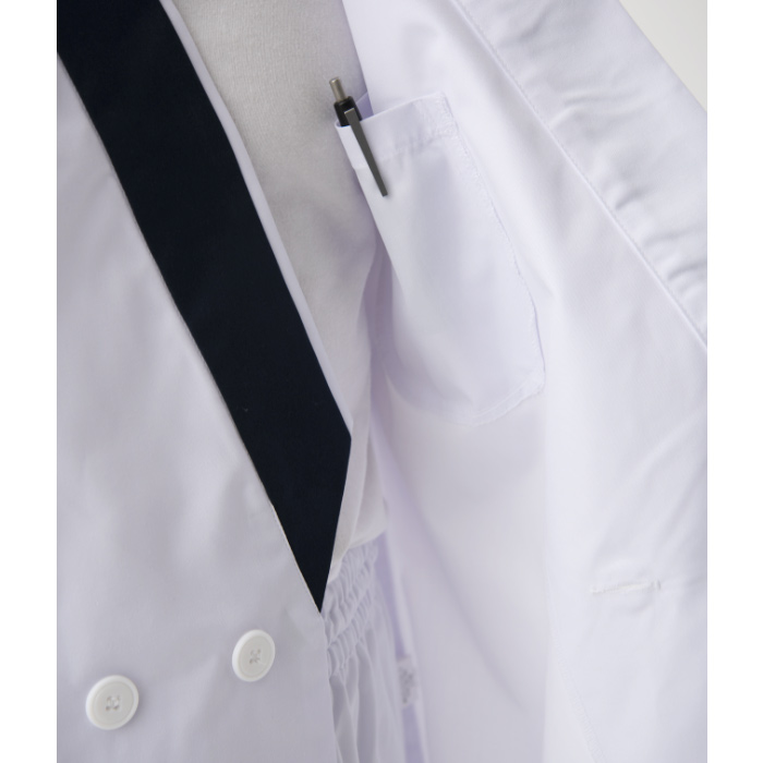 【飲食店販売店制服】ボタン留ハッピコート白に紺エリ【男性用】ポリ65%綿35%タッサー　スペック