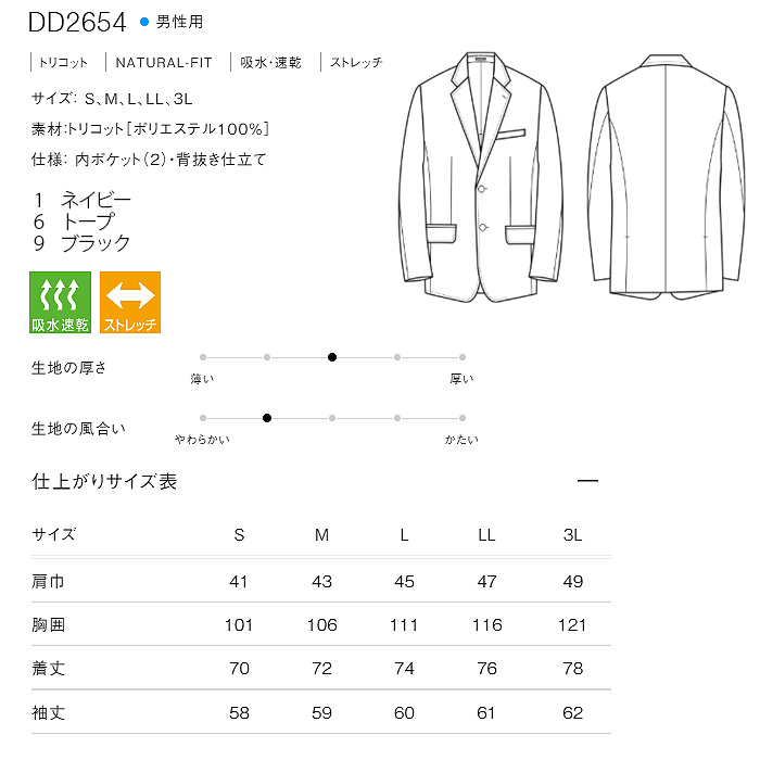 軽い・涼しい・動ける　ナチュラルフィットニットジャケット【男性用】　サイズ