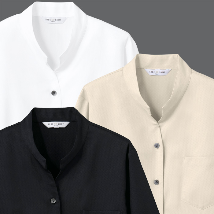 【飲食店販売店制服】ベルカラー七分袖シャツ3色【女性用】吸汗速乾・ストレッチ性のある爽やか生地　スペック