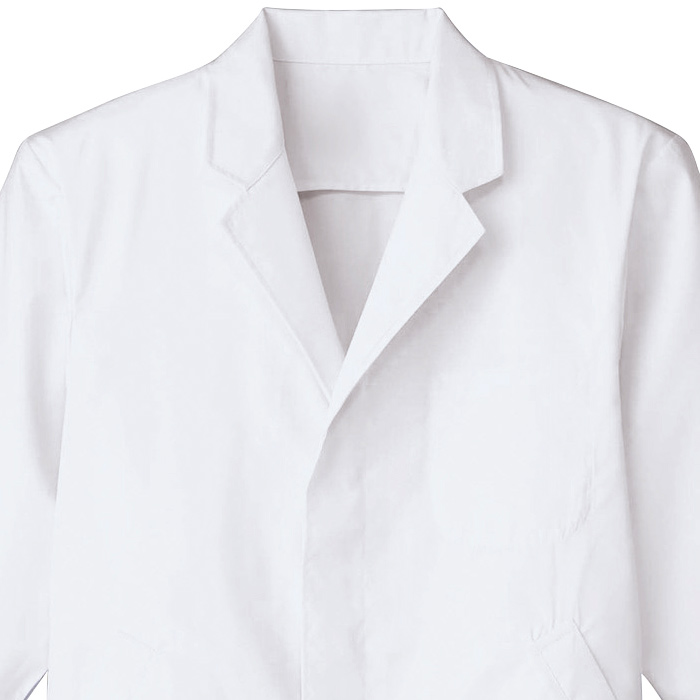 【男性用】衿付き・七分袖　調理白衣　綿ポリ(ポプリン)　S～4L　スペック