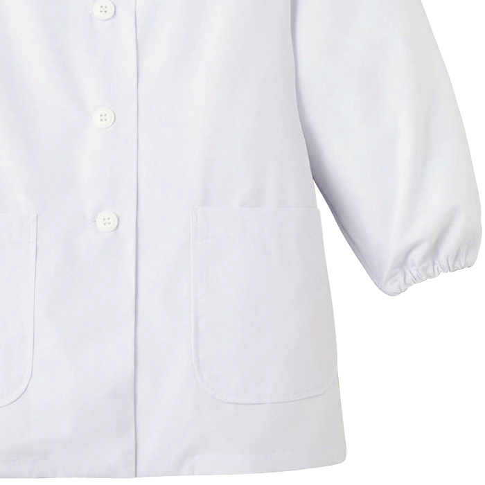 【【女性用】衿無し・長袖　調理白衣3色　綿ポリ(ポプリン)　S～5L　スペック