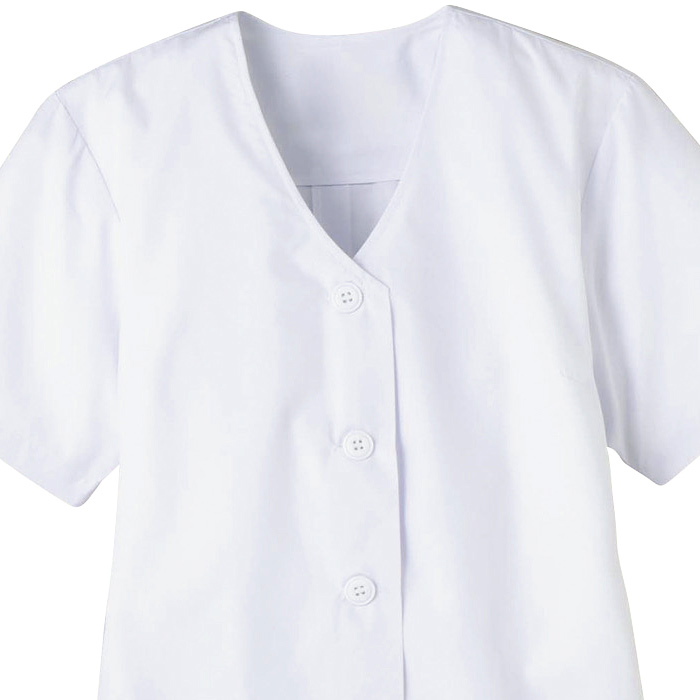【【女性用】衿無し・半袖　調理白衣3色　綿ポリ(ポプリン)　S～5L　スペック