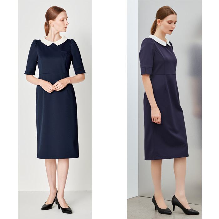 【ホテルサービス・受付制服】 フォロレゾン 六分袖ワンピース　【2色】付け襟2色付き　動きやすいニット生地　　色