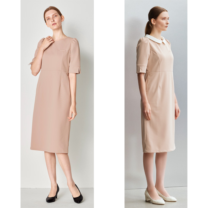 【ホテルサービス・受付制服】 フォロレゾン 六分袖ワンピース　【2色】付け襟2色付き　動きやすいニット生地　　色