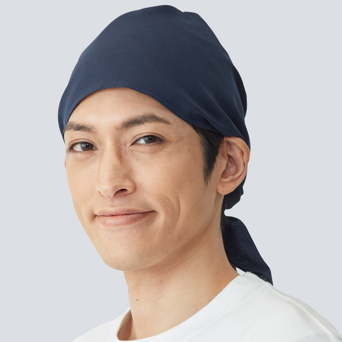 【飲食店販売店制服】清涼バンダナキャップ【兼用】日本製 頭に被って結ぶだけ 通気性・抗菌防臭効果　モデル
