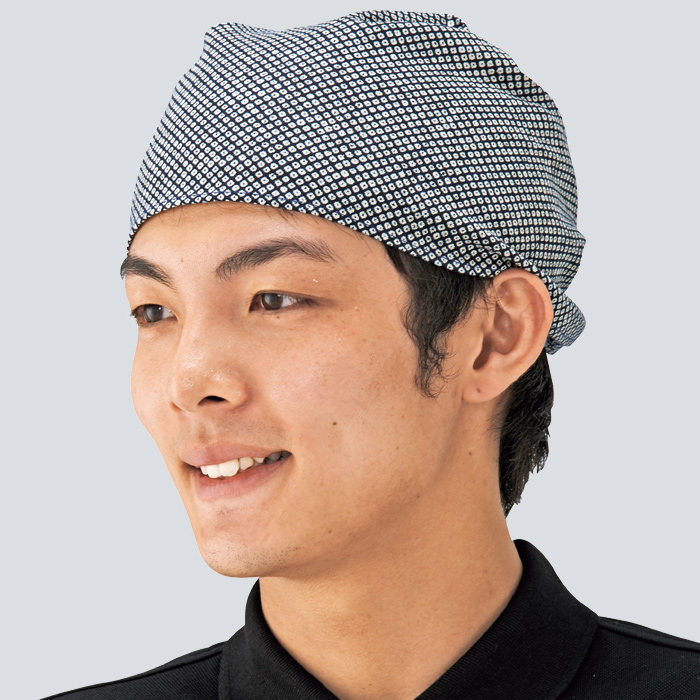 【飲食店販売店制服】和柄バンダナキャップ【兼用】日本製 頭に被って結ぶだけ　モデル