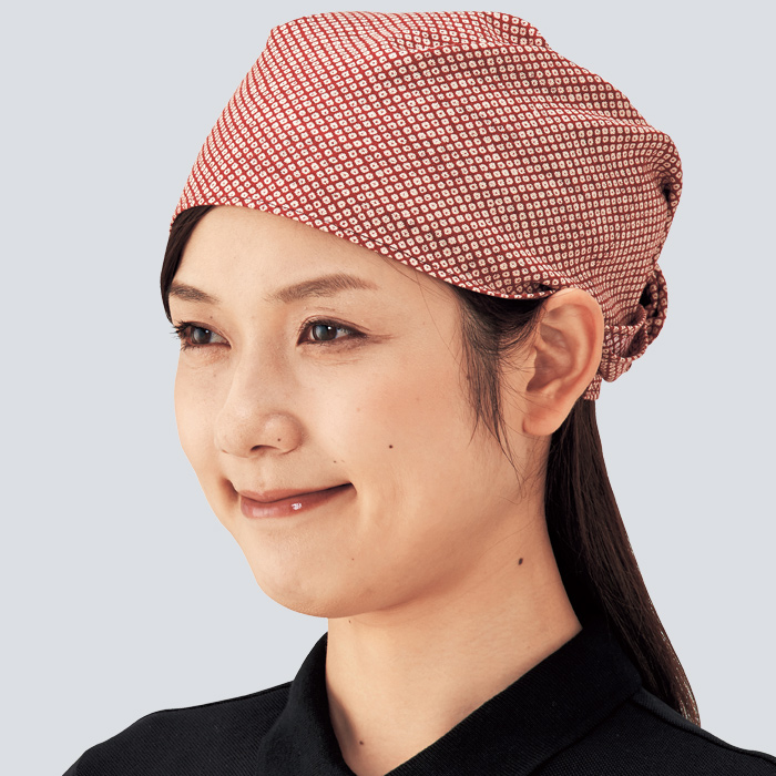 【飲食店販売店制服】和柄バンダナキャップ【兼用】日本製 頭に被って結ぶだけ　モデル