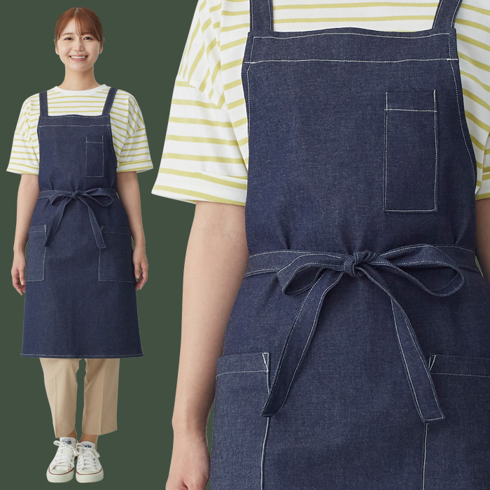 【飲食店販売店制服】後ろ姿キレイ　デニムタスキエプロン【女性用】ストレッチデニム　モデル