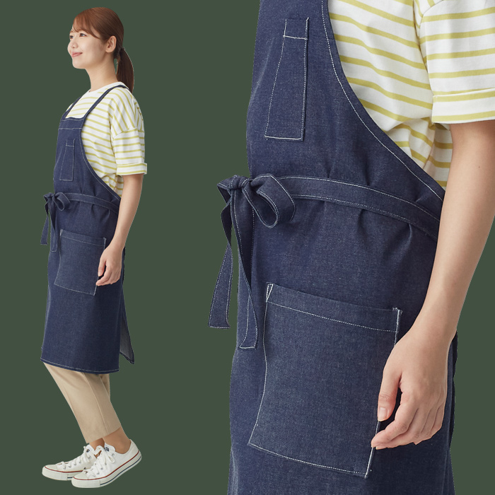 【飲食店販売店制服】後ろ姿キレイ　デニムタスキエプロン【女性用】ストレッチデニム　モデル