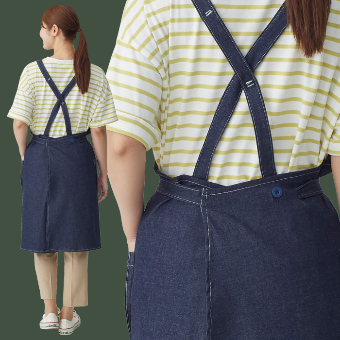 【飲食店販売店制服】後ろ姿キレイ　デニムタスキエプロン【女性用】ストレッチデニム　モデル
