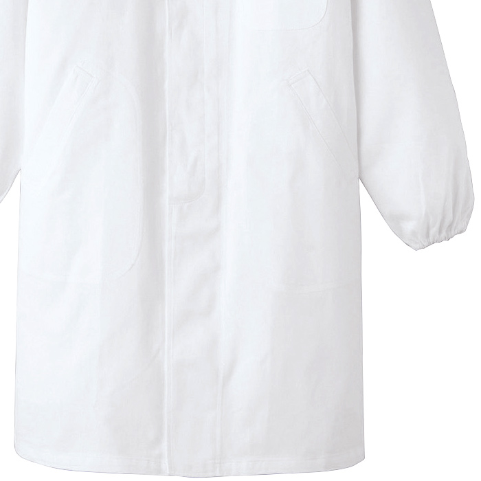 【【男性用】衿付き・長袖　長衣ロング丈調理白衣　綿100%(カツラギ)　S～4L　スペック