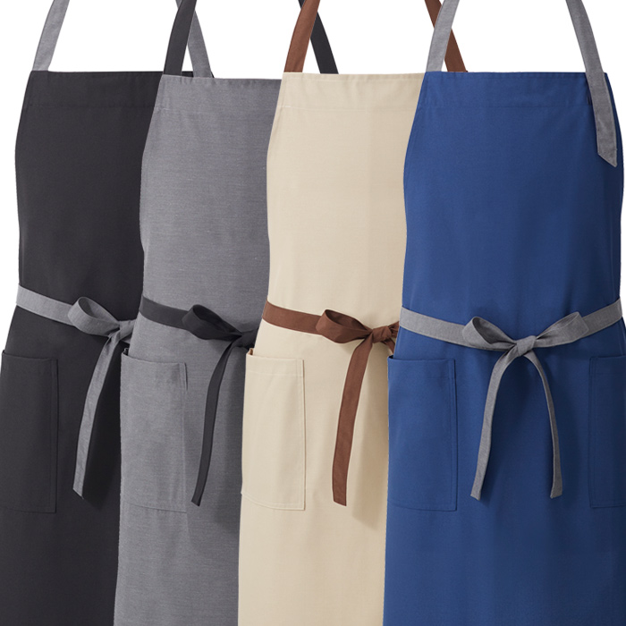 【飲食店販売店制服】バイカラー首掛けエプロン4色　純国産で軽くて疲れない　綿ポリ撥水制電機能付　スペック