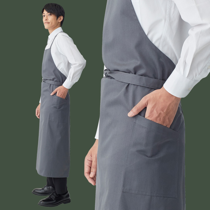 【飲食店販売店制服】膝もお尻も隠れる ロング丈タスキエプロン5色　日本製　綿ポリ撥水制電機能付　モデル