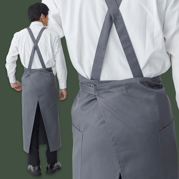 【飲食店販売店制服】膝もお尻も隠れる ロング丈タスキエプロン5色　日本製　綿ポリ撥水制電機能付　モデル