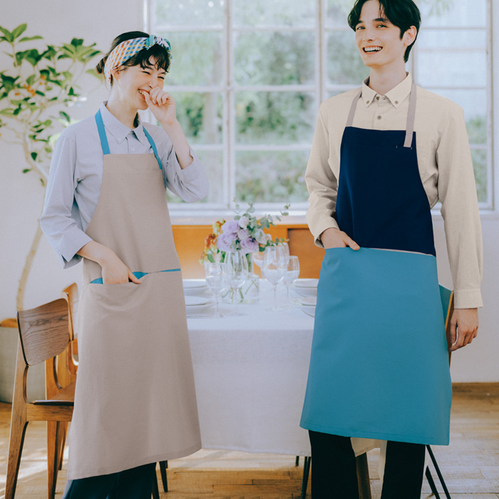 飲食店販売店制服　野菜や植物から染めた色　配色首かけエプロン【6色】　スペック