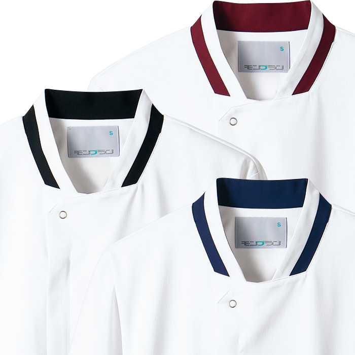 【飲食店販売店制服】袖リブで腕まくりできる　長袖コックコート【兼用】ストレッチニット素材　スペック