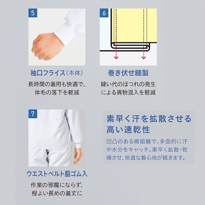 【食品工場制服衛生服】高温作業向け　涼しい長袖ジャンパー【兼用】肌離れよく、ベトつきにくい　スペック