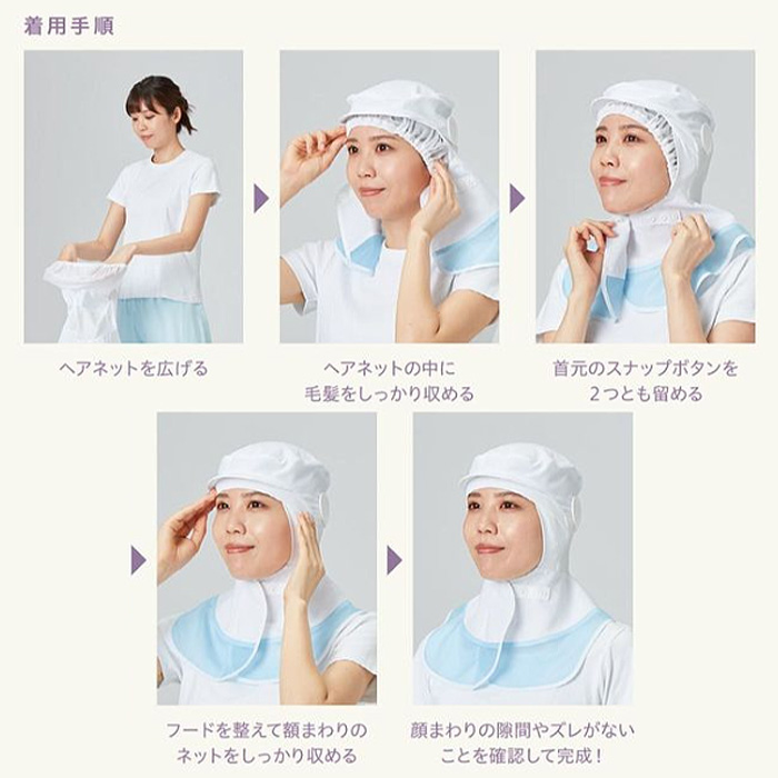 【食品工場制服衛生服】ヘアネット一体型ロングフード【兼用】高通気で涼やかに　スペック
