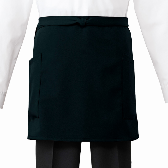 【飲食店販売店制服】原着糸KEEP BLACK腰下ショートエプロン【兼用】洗濯・日光・漂白剤にも負けない美しい黒　スペック