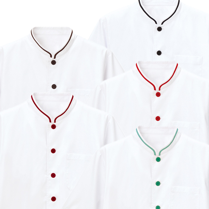【飲食店販売店制服】 涼しい接触冷感 半袖コックコート5色【兼用】鮮やかなカラバリ スペック