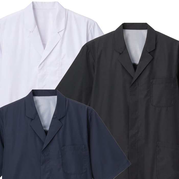 【飲食店販売店制服】エリ付き半袖調理白衣【兼用】涼しい・体毛落下防止ネット付　スペック