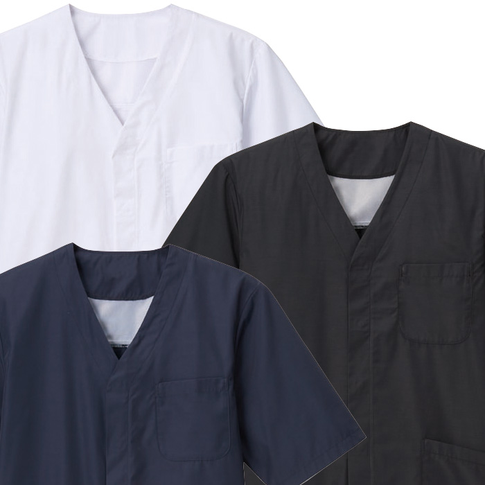 【飲食店販売店制服】エリなしき半袖調理白衣【兼用】涼しい・体毛落下防止ネット付　スペック