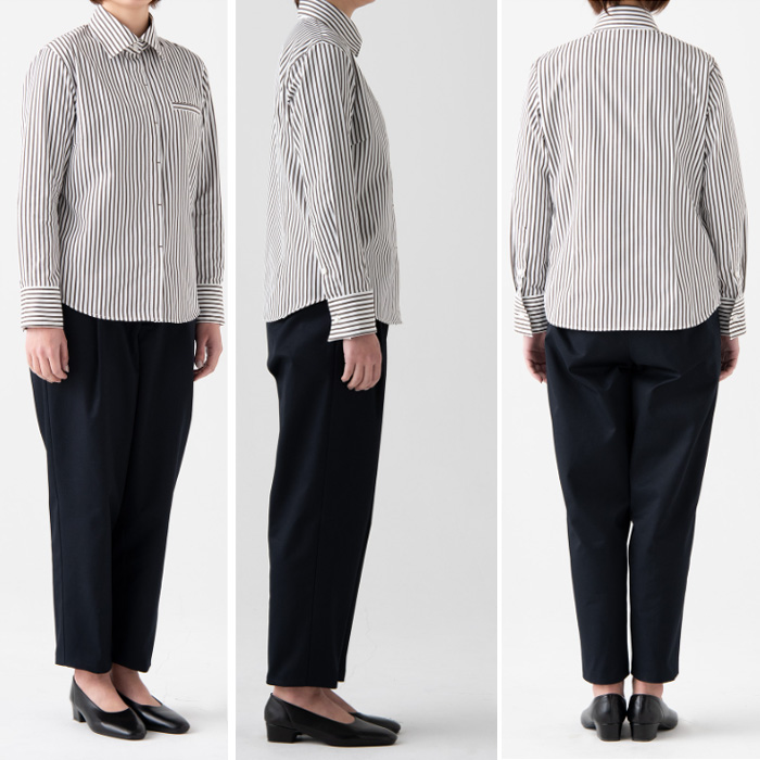 飲食店販売店制服　シャツ【女性用】3色　2つボタンの爽やかなストライプシャツ　先染めストライプ　モデル