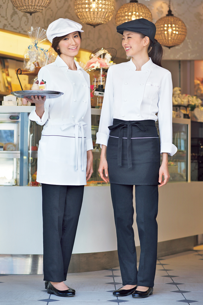 飲食店・サービス制服ユニフォームはコーディネートから選ぶ モノトーンカラーのベーカリー、スイーツショップウエイトレススタイル