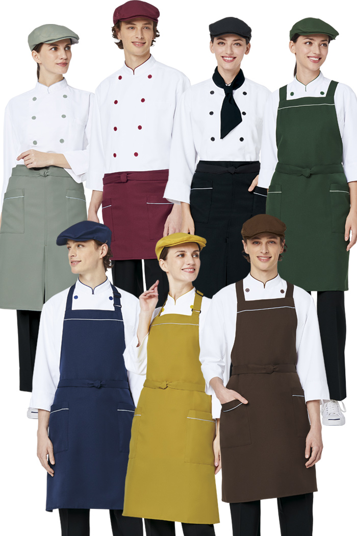 飲食店、サービス店制服ユニフォームはスタイリングから選ぶ　コックシャツに合わせて選べる、7色のカラーコーディネート