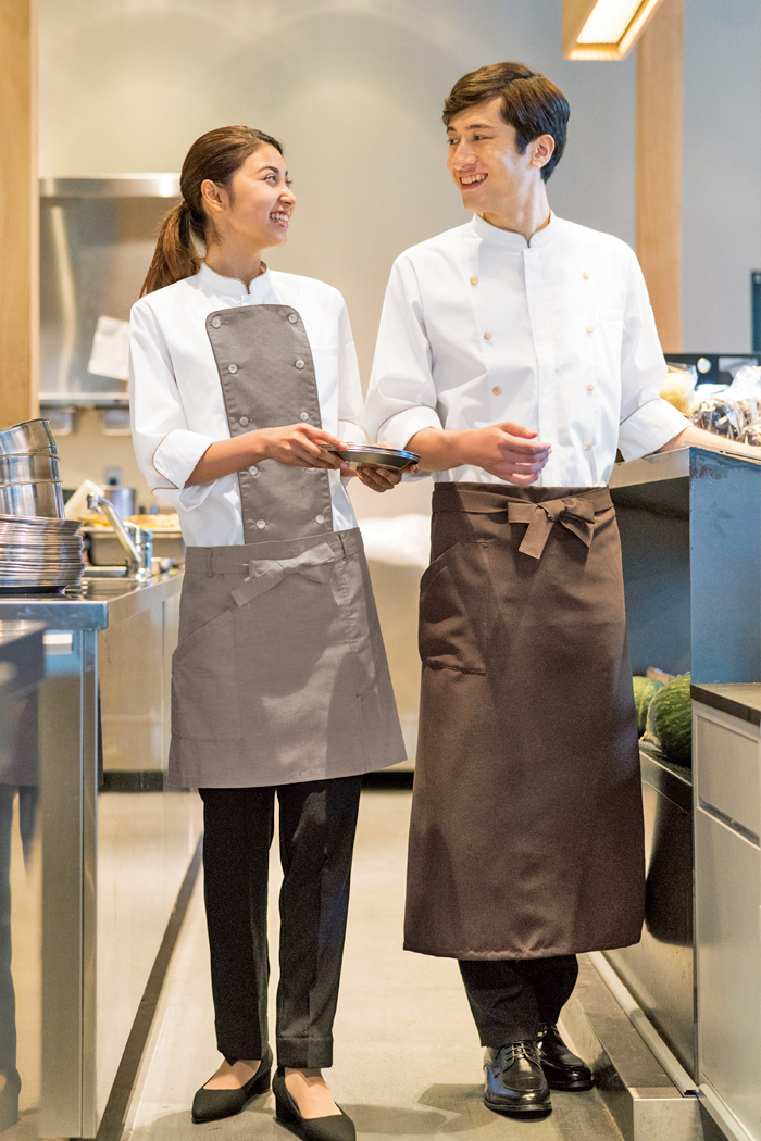 飲食店・サービス制服ユニフォームはコーディネートから選ぶ - ブラウンをベースにしたやわらかい中間色を使ったナチュラル系厨房、シェフスタイル。