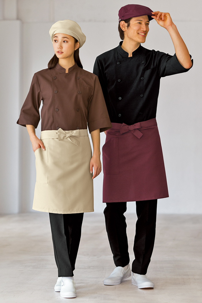 飲食店・サービス制服ユニフォームはコーディネートから選ぶ 落ち着いたカラーでシックなイメージの上品スタイル。キッチン・ホールどちらも可な男女兼用、飲食店制服コーデ