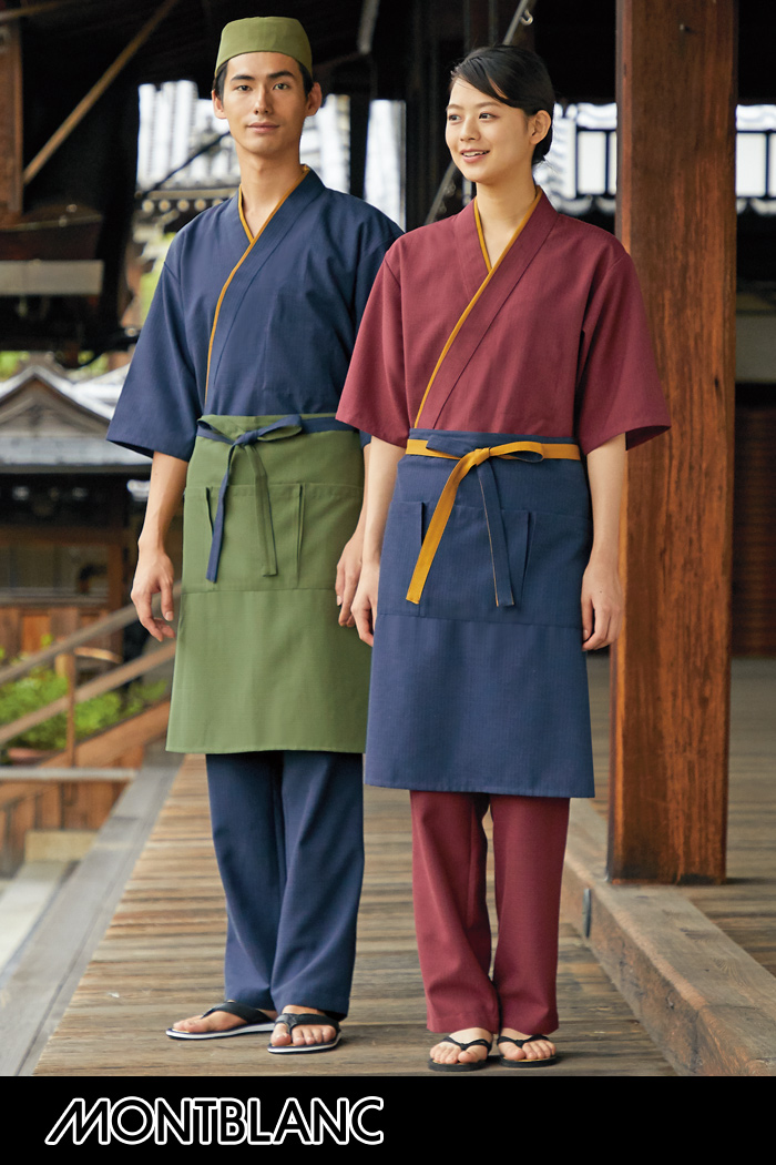 飲食店、サービス店制服ユニフォームはスタイリングから選ぶ　日本の伝統色に、配色ラインがアクセント　作務衣コーディネート