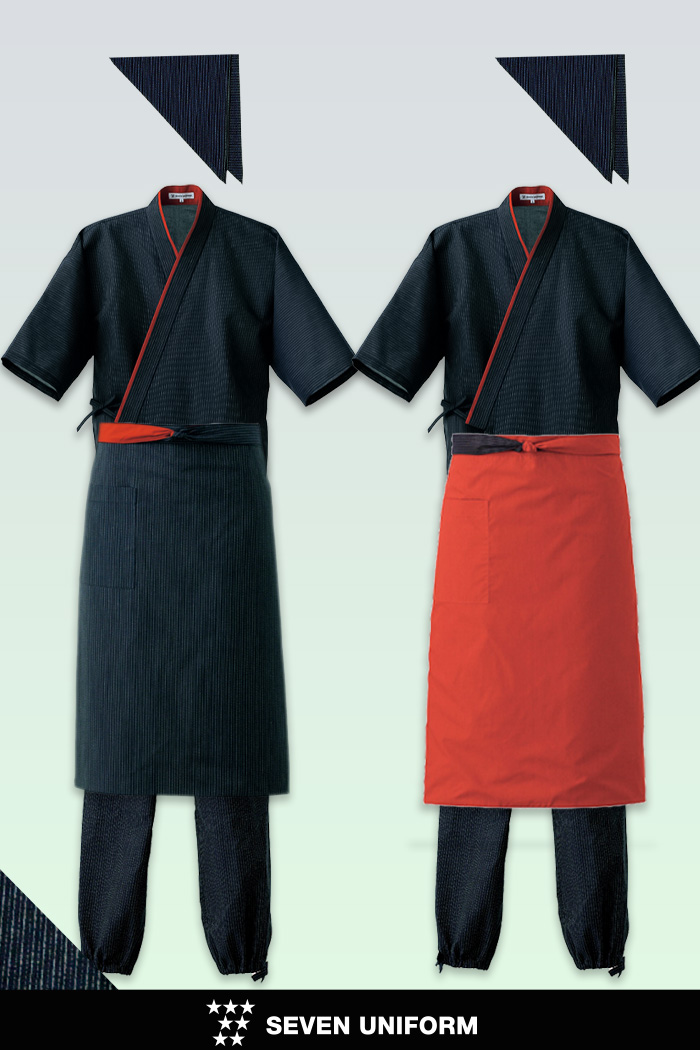 >凛とした佇まい★伝統色の藍の作務衣に朱色を足して紅葉をイメージした粋な合わせ