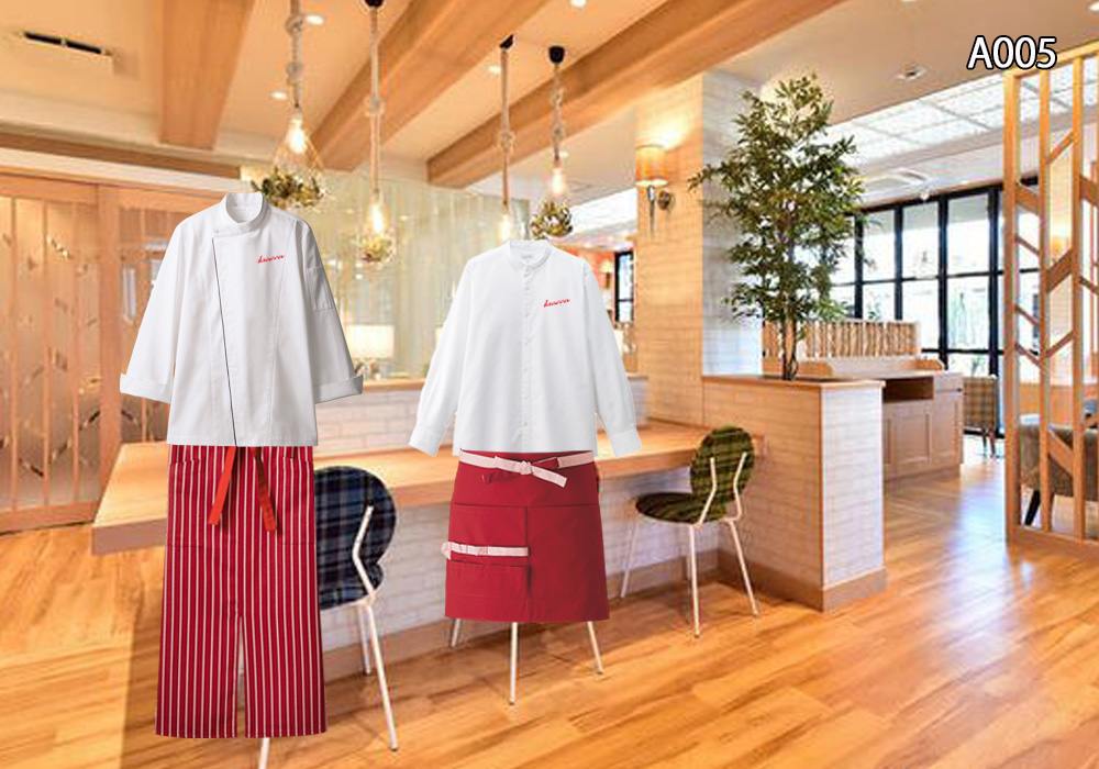 飲食店制服コーディネート　明るい店舗で赤をテーマカラーにしているお店の赤のアイテムを使った飲食店制服コーデ。明るいお店をさらにパッと明るくする厨房、ホールユニフォームの組み合わせ。
