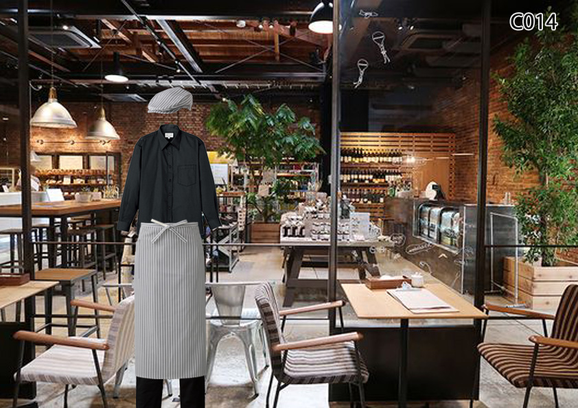 飲食店制服コーディネート　人気の倉庫系カフェに合うモノトーンコーデ。グレーストライプのクールなエプロンとハンチングにブラックの長袖シャツを合わせています。シンプルがかっこいいモノトーンな組み合わせ。