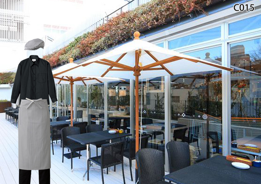 飲食店制服コーディネート　オープンテラスカフェ、カフェテラスのキリっとスタイルコーデ。