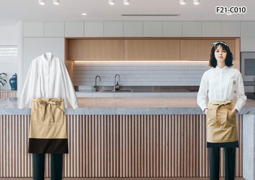 飲食店制服コーディネート　木材と白い壁で作られた明るい店内のカフェに合わせた、ナチュラルカラーの女性スタッフコーデ。店内に合わせて、白とベージュで柔らかいおしゃれな空間を演出する飲食店制服の組み合わせ。