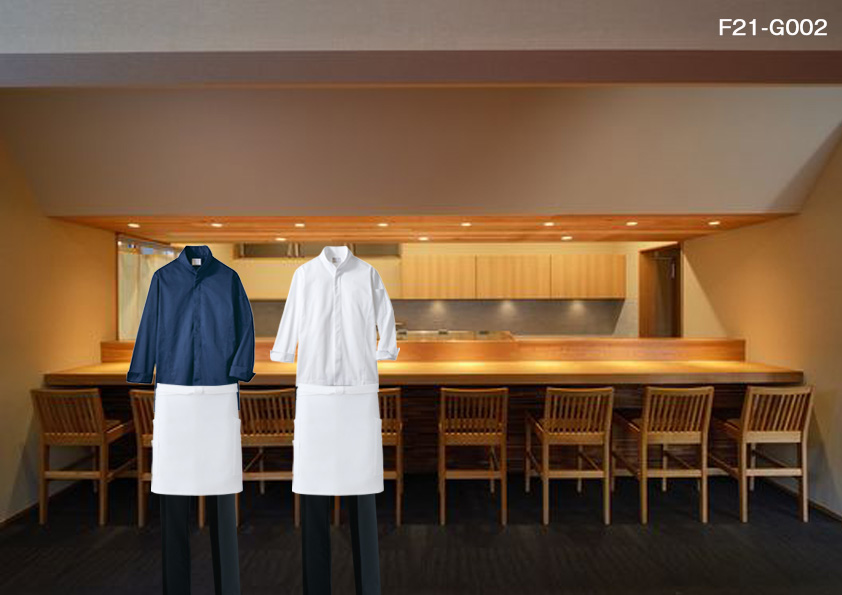飲食店制服コーディネート　あえて定番の色、形ではなく新しい寿司屋のスタイリッシュな高級店コーデ